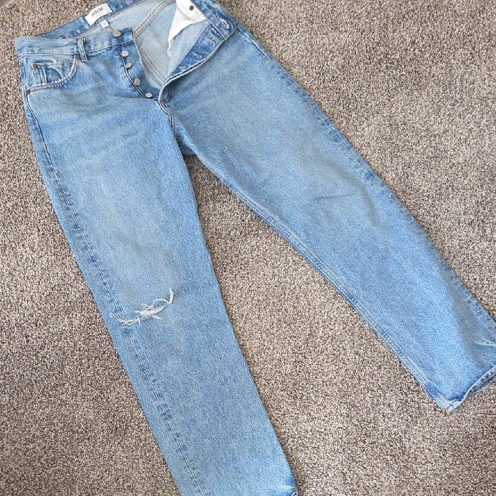 Agolde Light Blue Straight Leg Jeans with Knee Distress